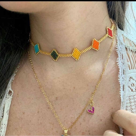 Colorful Beaded Geometric Choker - Trendy Gold Choker - Handmade Necklace - Picture 1 of 4